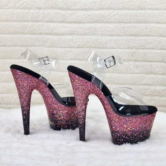 Adore 708SS Pink Hologram Glitter Ombre Platform Ankle Strap Platform 7" Heels - Picture 10 of 12